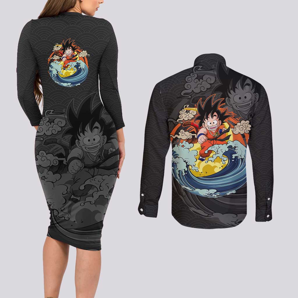 Goku Kid - Dragon Ball Couples Matching Long Sleeve Bodycon Dress and Long Sleeve Button Shirt Anime Style - The Mazicc