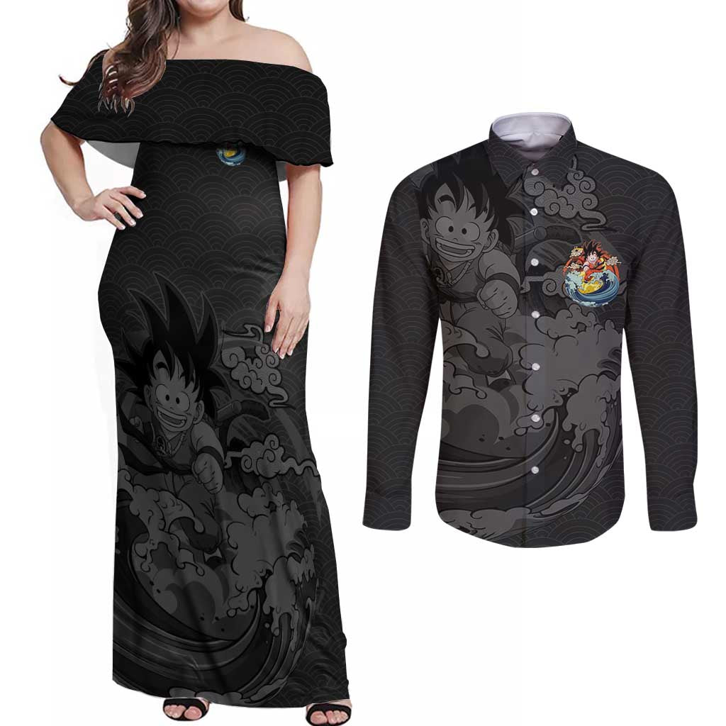Goku Kid - Dragon Ball Couples Matching Off Shoulder Maxi Dress and Long Sleeve Button Shirt Anime Style - The Mazicc