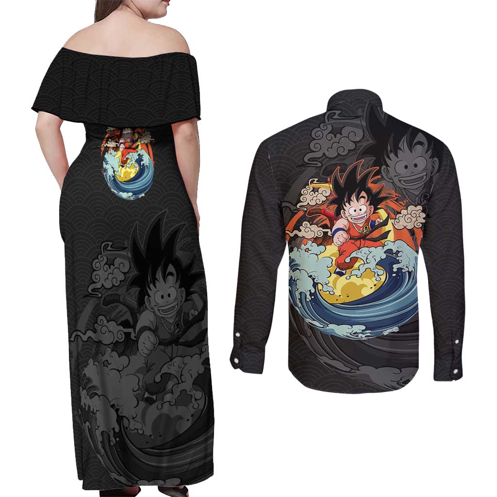 Goku Kid - Dragon Ball Couples Matching Off Shoulder Maxi Dress and Long Sleeve Button Shirt Anime Style - The Mazicc