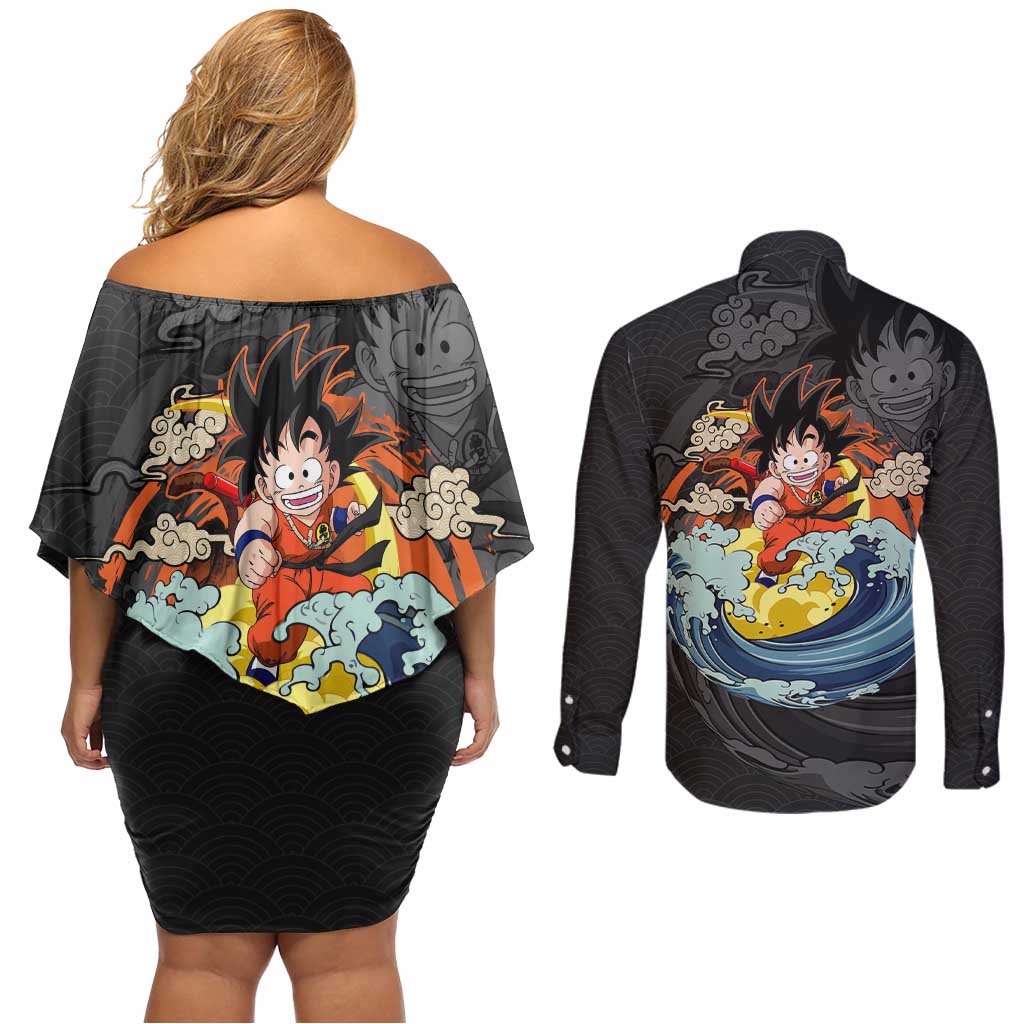 Goku Kid - Dragon Ball Couples Matching Off Shoulder Short Dress and Long Sleeve Button Shirt Anime Style - The Mazicc