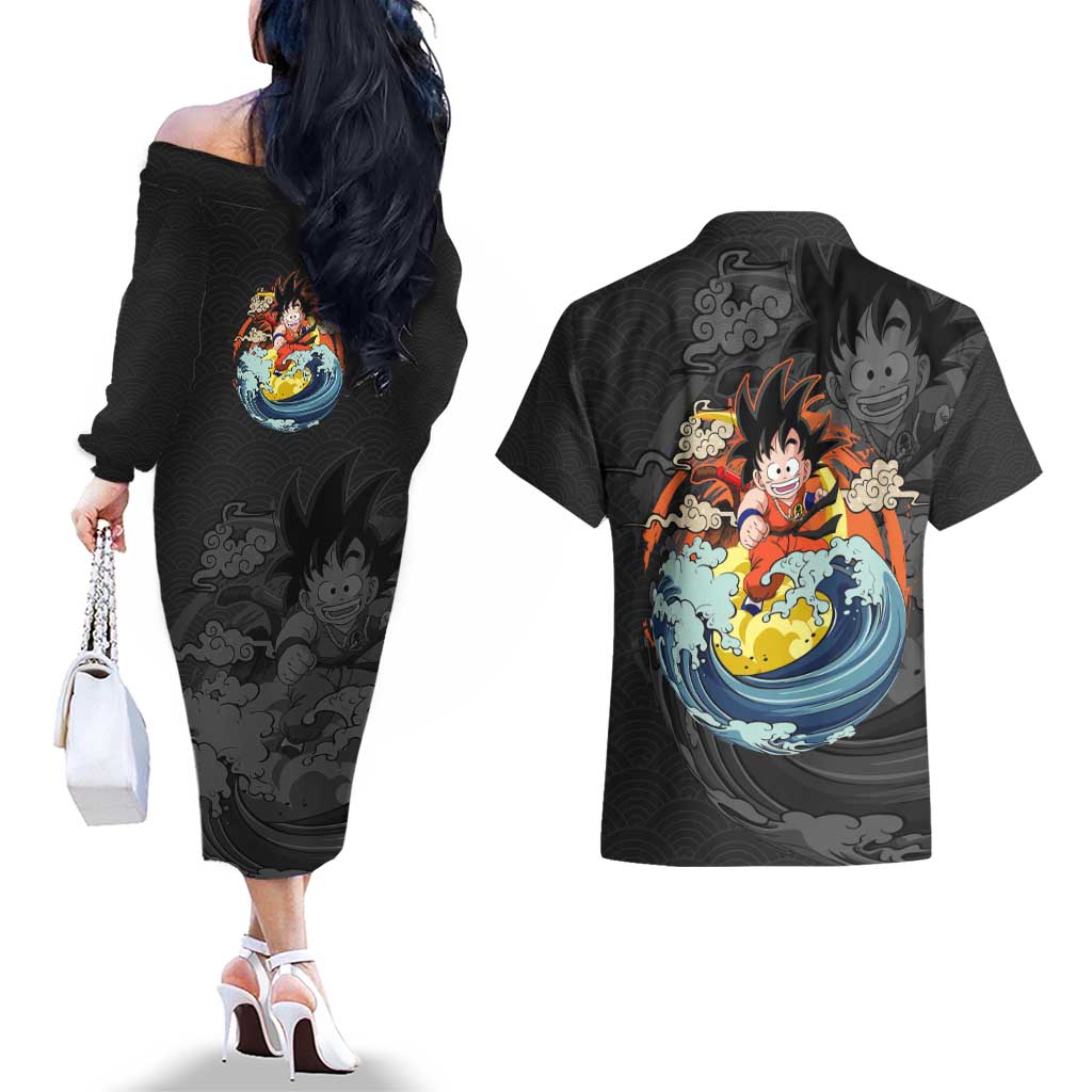 Goku Kid - Dragon Ball Couples Matching Off The Shoulder Long Sleeve Dress and Hawaiian Shirt Anime Style - The Mazicc
