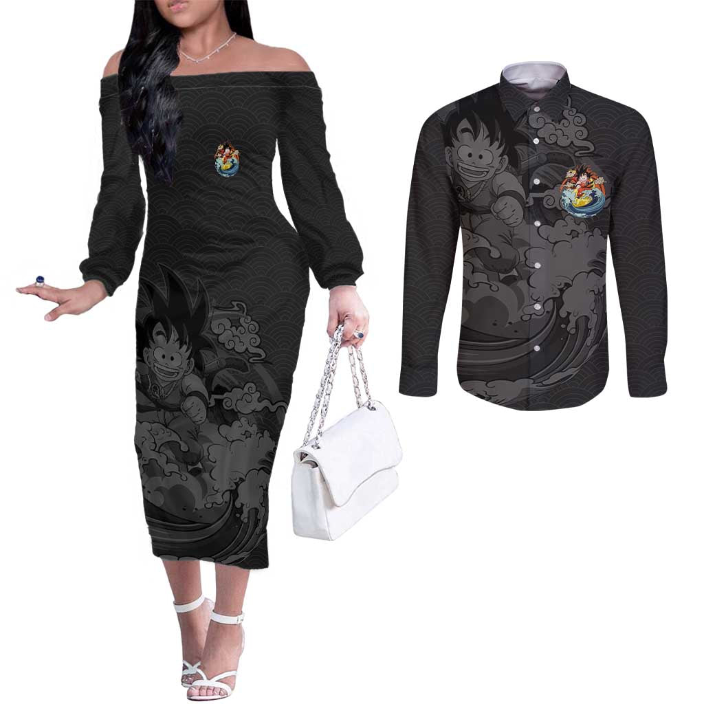 Goku Kid - Dragon Ball Couples Matching Off The Shoulder Long Sleeve Dress and Long Sleeve Button Shirt Anime Style - The Mazicc
