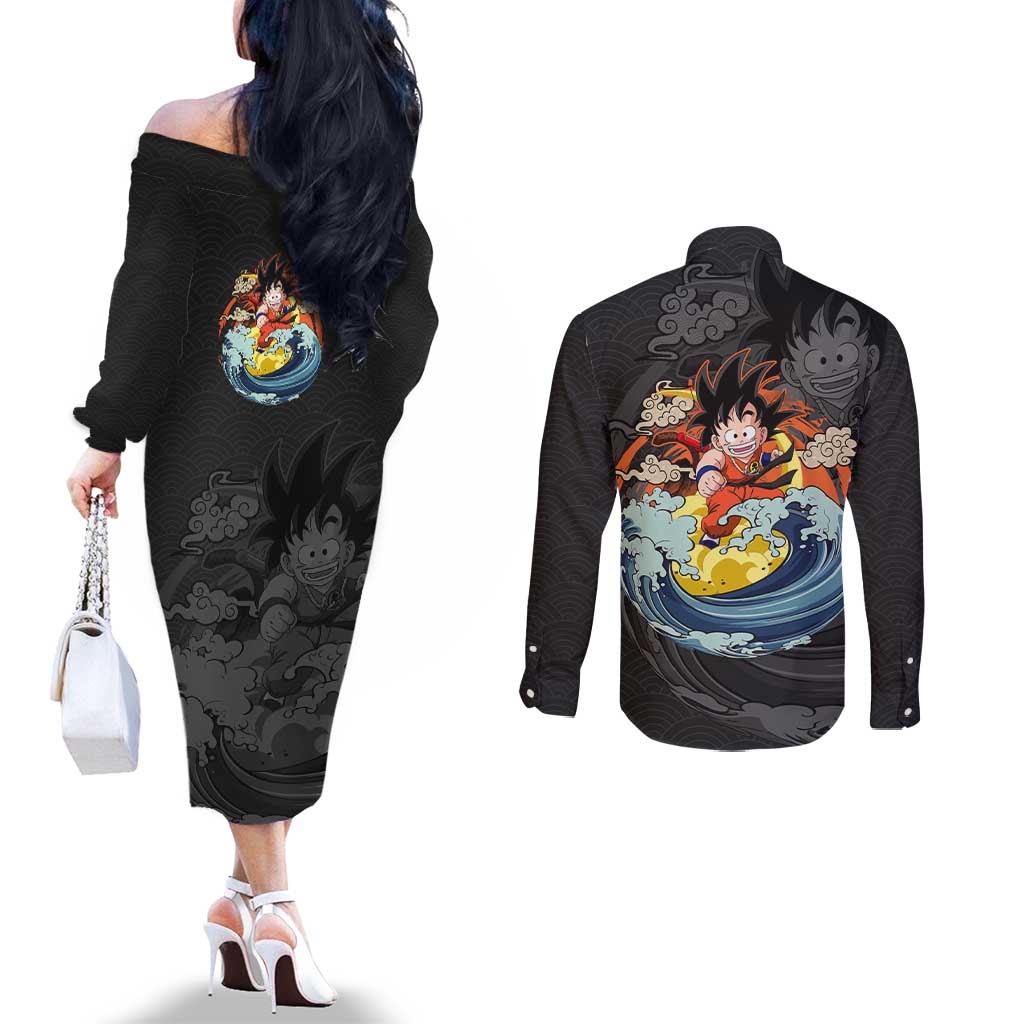 Goku Kid - Dragon Ball Couples Matching Off The Shoulder Long Sleeve Dress and Long Sleeve Button Shirt Anime Style - The Mazicc