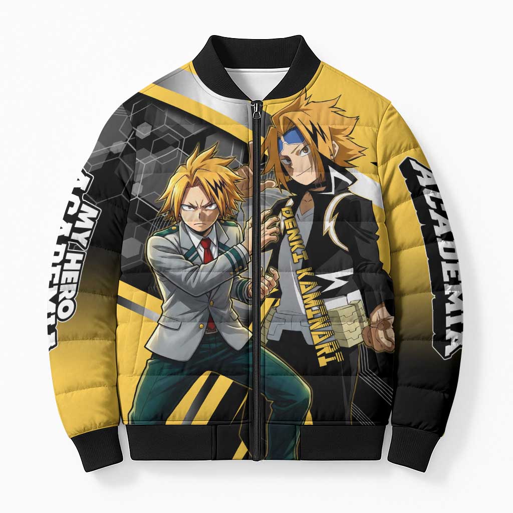 Denki Kaminari Bomber Puffer Jacket Bold Anime Action Illustration with Electric Lightning Effects