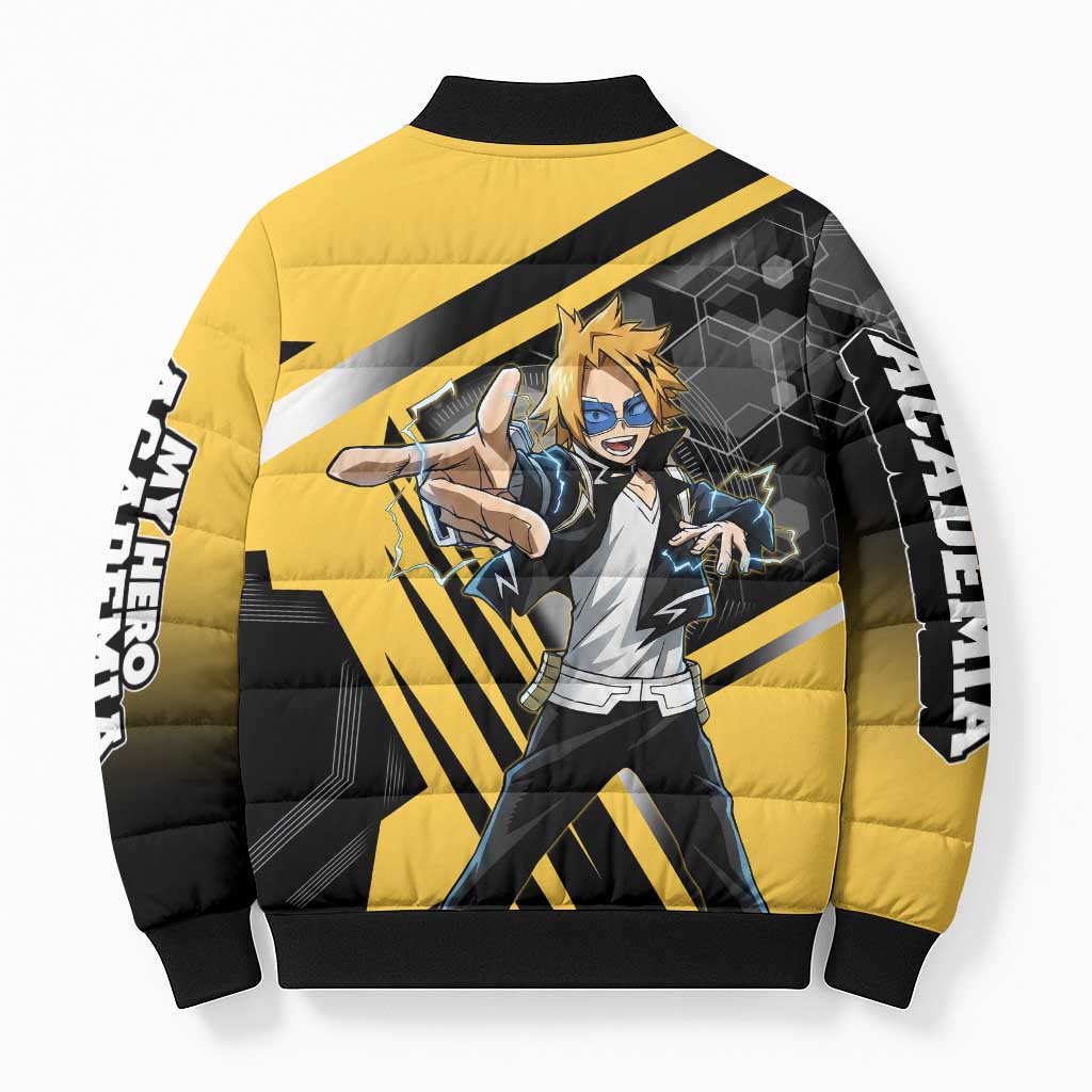 Denki Kaminari Bomber Puffer Jacket Bold Anime Action Illustration with Electric Lightning Effects