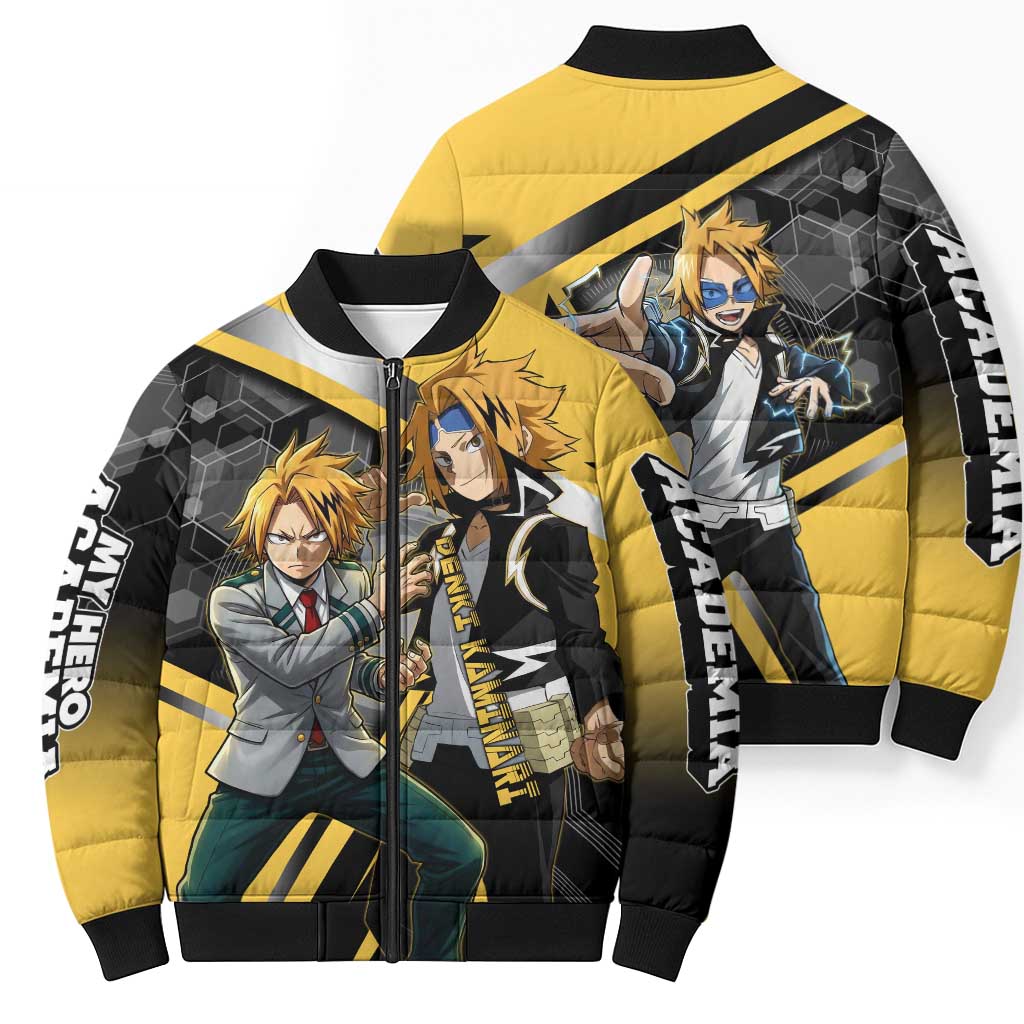 Denki Kaminari Bomber Puffer Jacket Bold Anime Action Illustration with Electric Lightning Effects