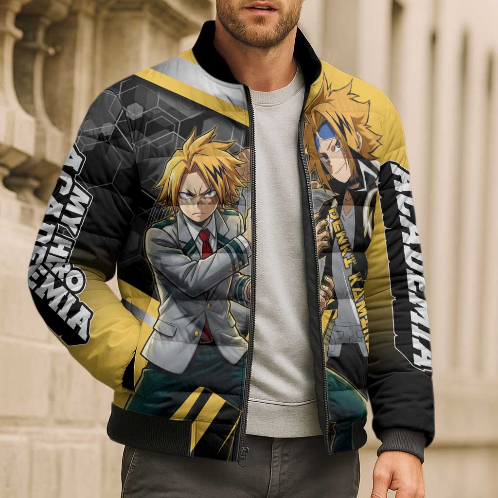 Denki Kaminari Bomber Puffer Jacket Bold Anime Action Illustration with Electric Lightning Effects