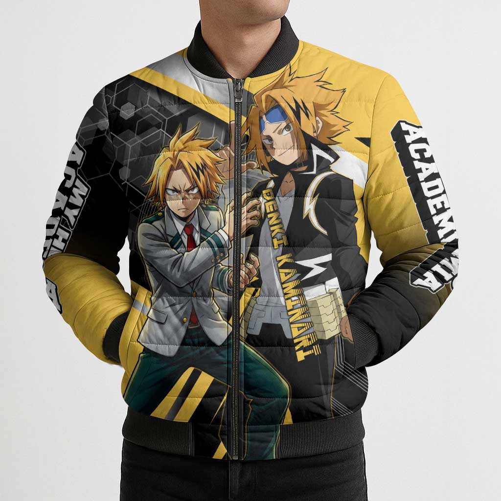 Denki Kaminari Bomber Puffer Jacket Bold Anime Action Illustration with Electric Lightning Effects