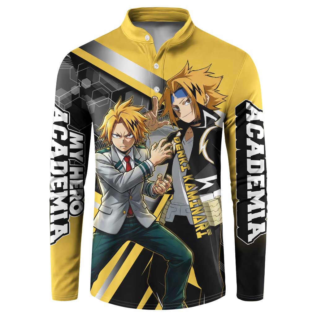 Denki Kaminari Button Sweatshirt Bold Anime Action Illustration with Electric Lightning Effects
