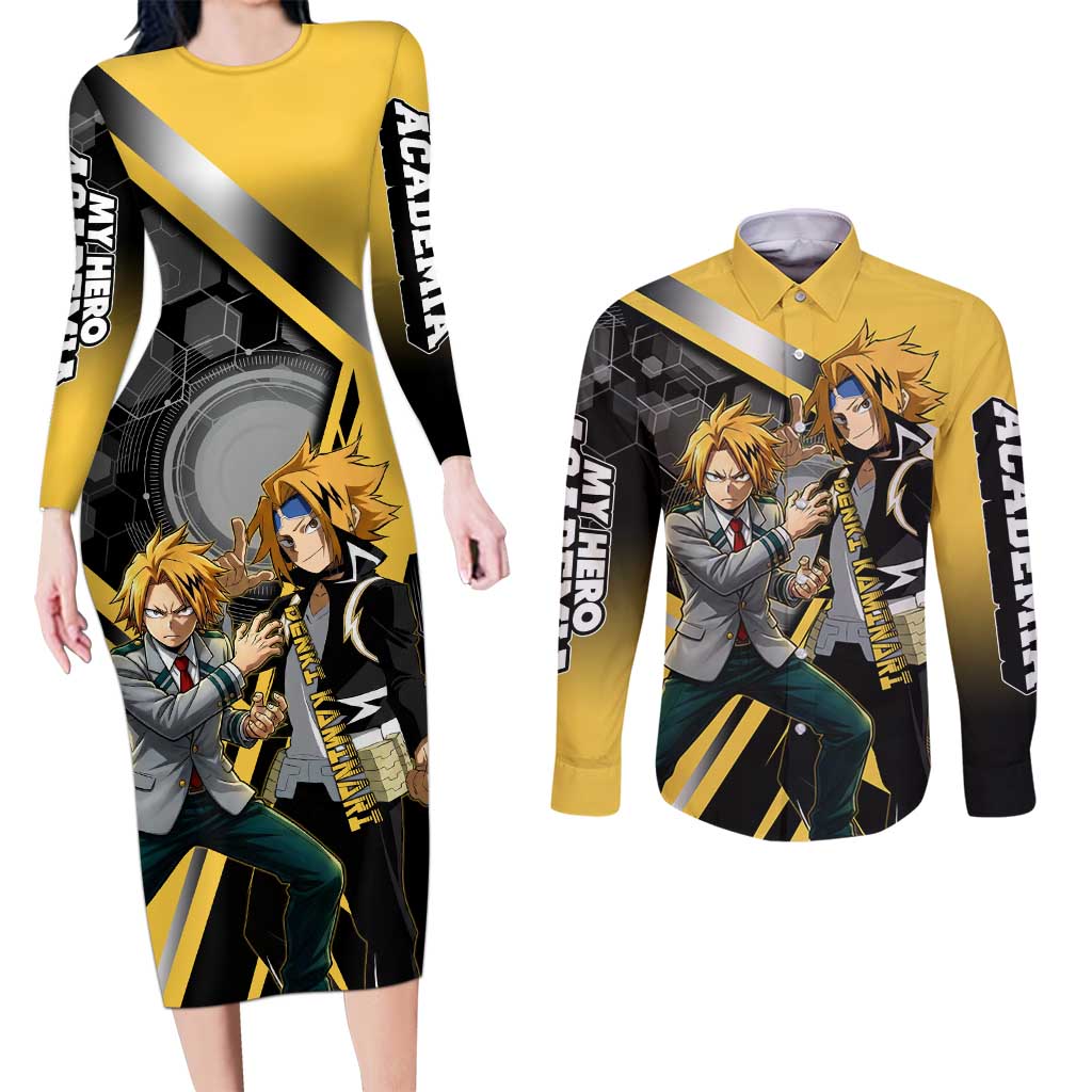 Denki Kaminari Couples Matching Long Sleeve Bodycon Dress and Long Sleeve Button Shirt Bold Anime Action Illustration with Electric Lightning Effects