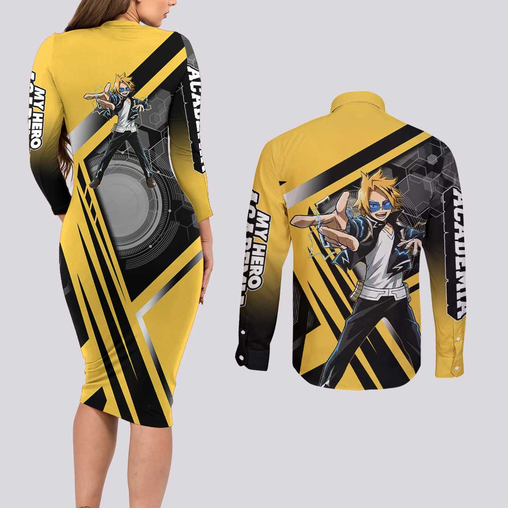 Denki Kaminari Couples Matching Long Sleeve Bodycon Dress and Long Sleeve Button Shirt Bold Anime Action Illustration with Electric Lightning Effects