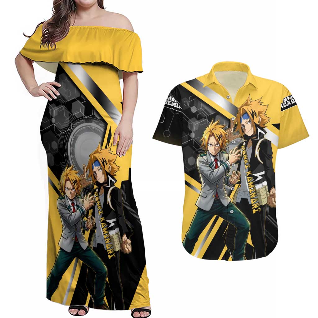 Denki Kaminari Couples Matching Off Shoulder Maxi Dress and Hawaiian Shirt Bold Anime Action Illustration with Electric Lightning Effects