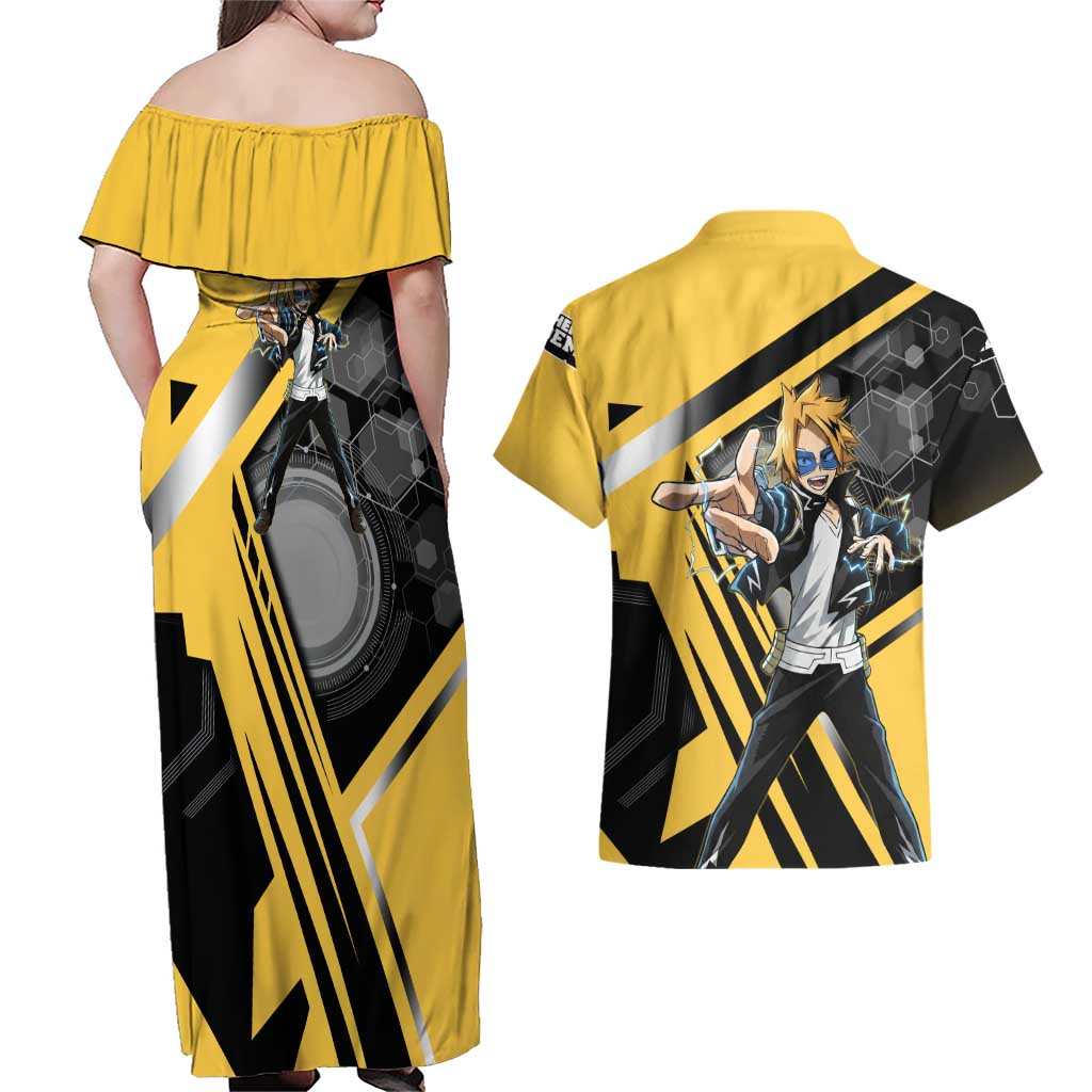 Denki Kaminari Couples Matching Off Shoulder Maxi Dress and Hawaiian Shirt Bold Anime Action Illustration with Electric Lightning Effects