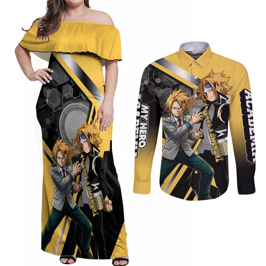 Denki Kaminari Couples Matching Off Shoulder Maxi Dress and Long Sleeve Button Shirt Bold Anime Action Illustration with Electric Lightning Effects
