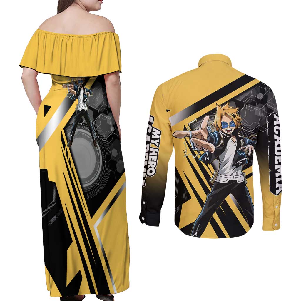 Denki Kaminari Couples Matching Off Shoulder Maxi Dress and Long Sleeve Button Shirt Bold Anime Action Illustration with Electric Lightning Effects