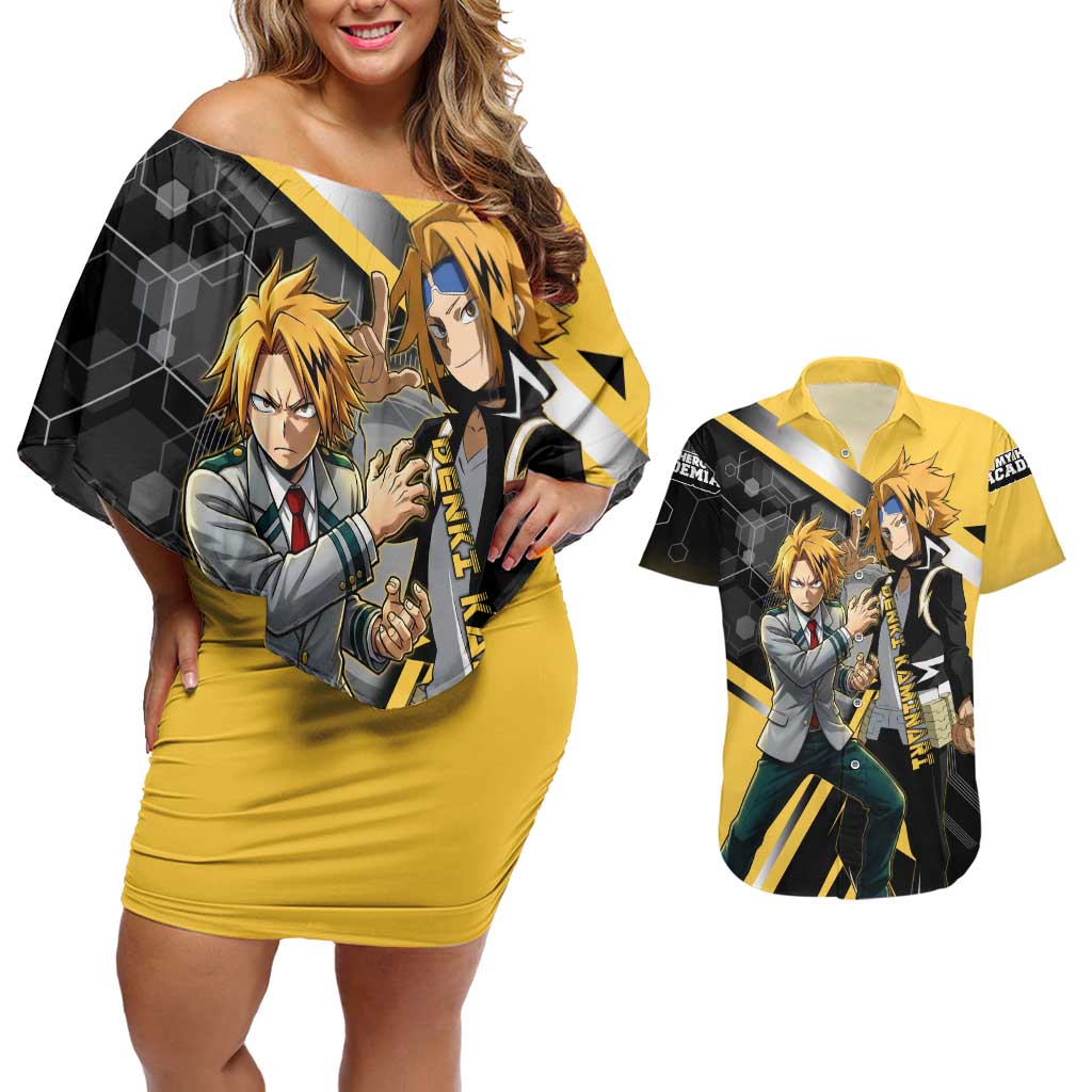 Denki Kaminari Couples Matching Off Shoulder Short Dress and Hawaiian Shirt Bold Anime Action Illustration with Electric Lightning Effects