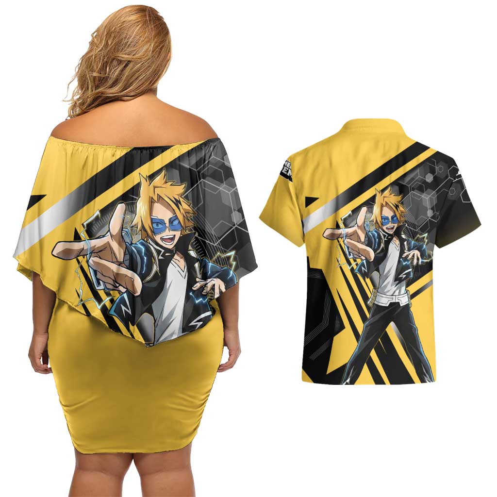 Denki Kaminari Couples Matching Off Shoulder Short Dress and Hawaiian Shirt Bold Anime Action Illustration with Electric Lightning Effects