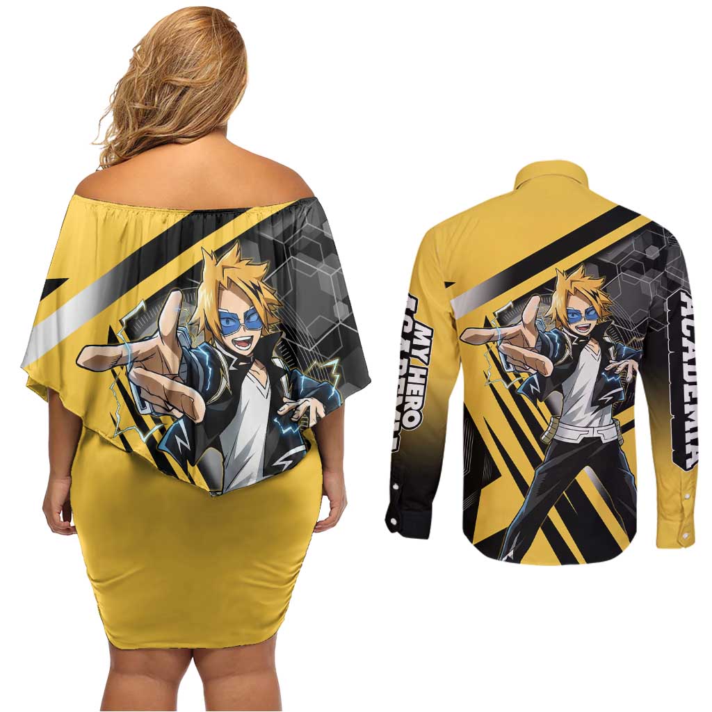 Denki Kaminari Couples Matching Off Shoulder Short Dress and Long Sleeve Button Shirt Bold Anime Action Illustration with Electric Lightning Effects