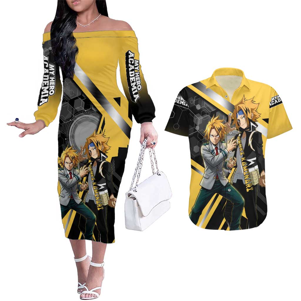 Denki Kaminari Couples Matching Off The Shoulder Long Sleeve Dress and Hawaiian Shirt Bold Anime Action Illustration with Electric Lightning Effects