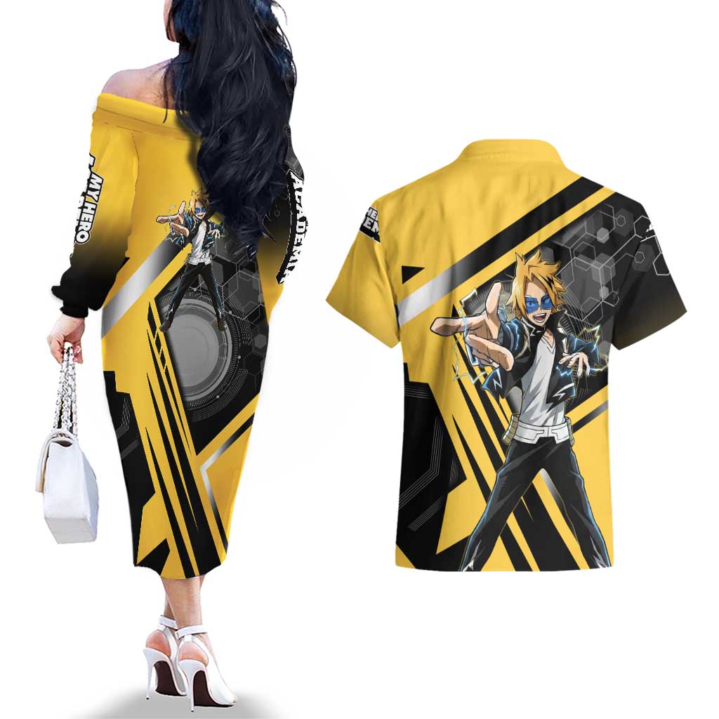 Denki Kaminari Couples Matching Off The Shoulder Long Sleeve Dress and Hawaiian Shirt Bold Anime Action Illustration with Electric Lightning Effects