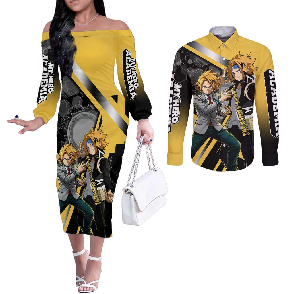 Denki Kaminari Couples Matching Off The Shoulder Long Sleeve Dress and Long Sleeve Button Shirt Bold Anime Action Illustration with Electric Lightning Effects