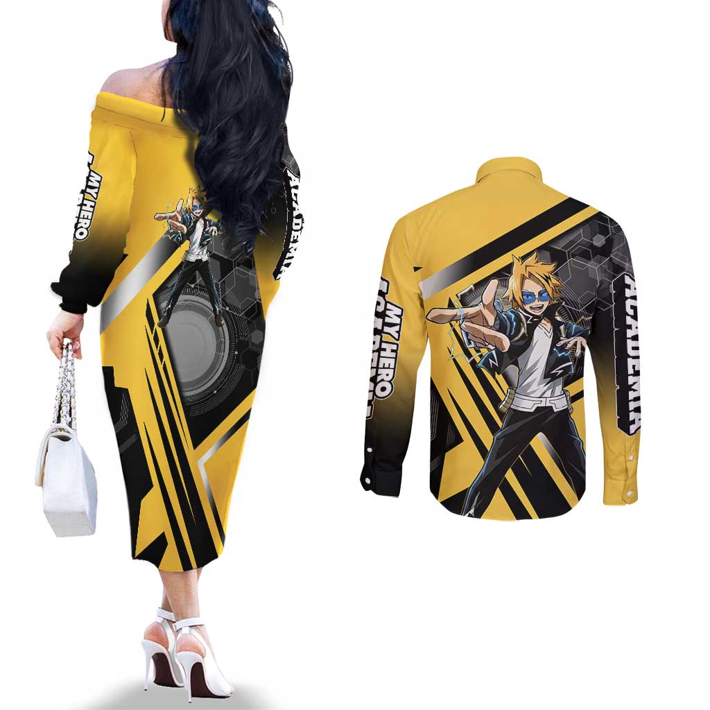 Denki Kaminari Couples Matching Off The Shoulder Long Sleeve Dress and Long Sleeve Button Shirt Bold Anime Action Illustration with Electric Lightning Effects