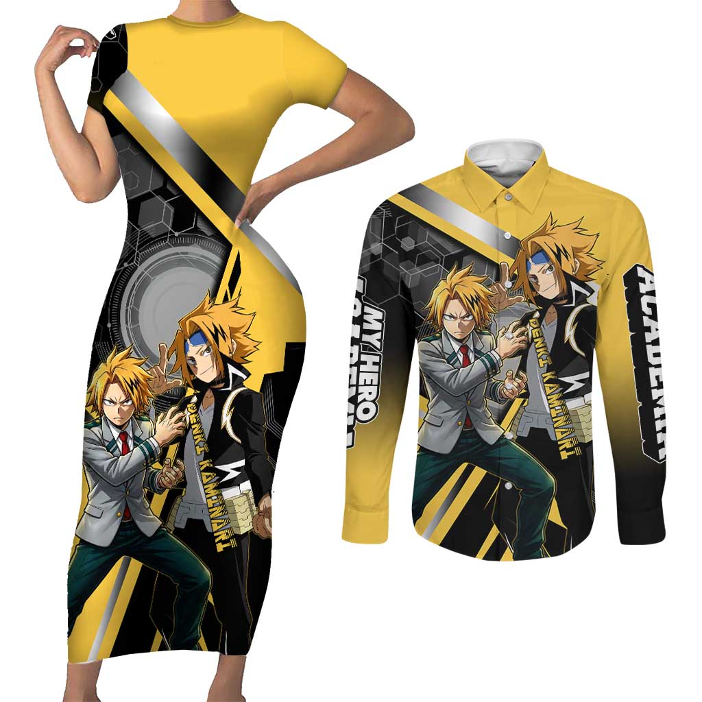 Denki Kaminari Couples Matching Short Sleeve Bodycon Dress and Long Sleeve Button Shirt Bold Anime Action Illustration with Electric Lightning Effects