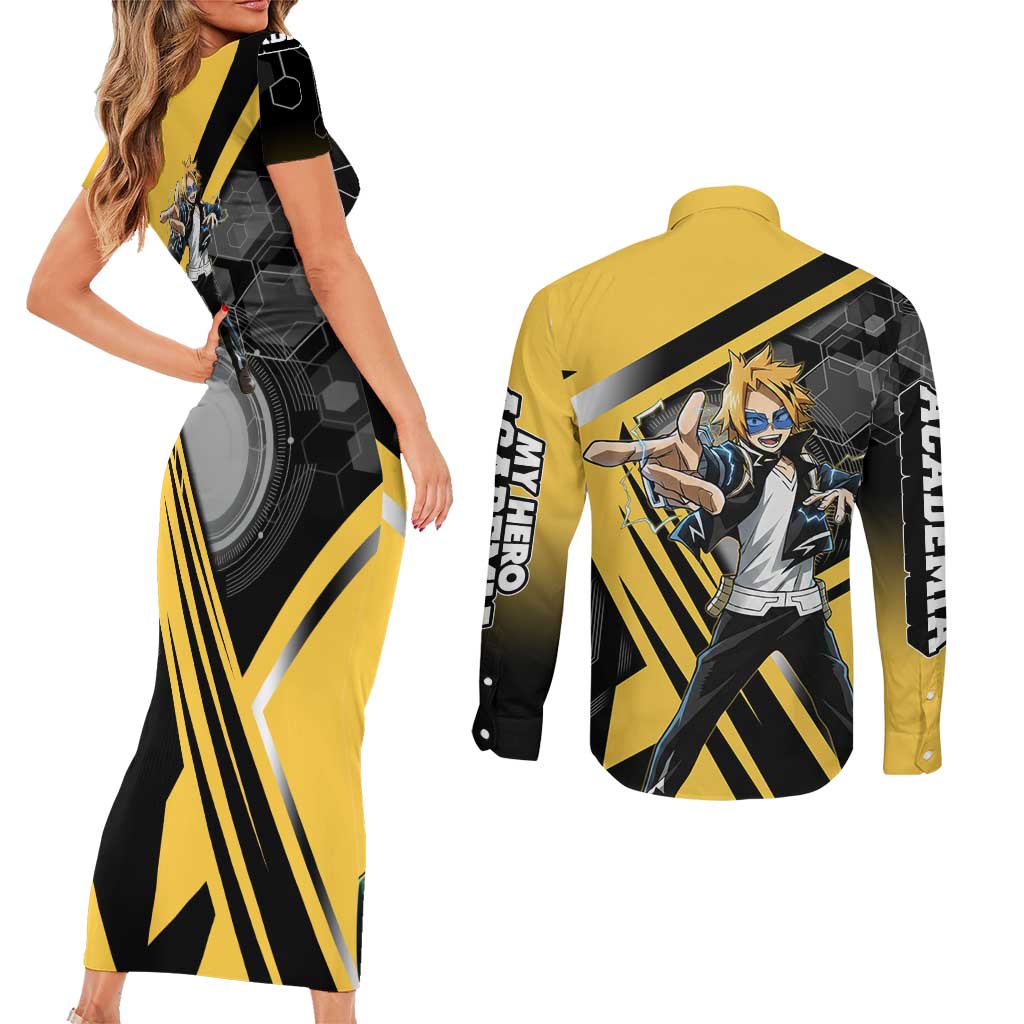 Denki Kaminari Couples Matching Short Sleeve Bodycon Dress and Long Sleeve Button Shirt Bold Anime Action Illustration with Electric Lightning Effects