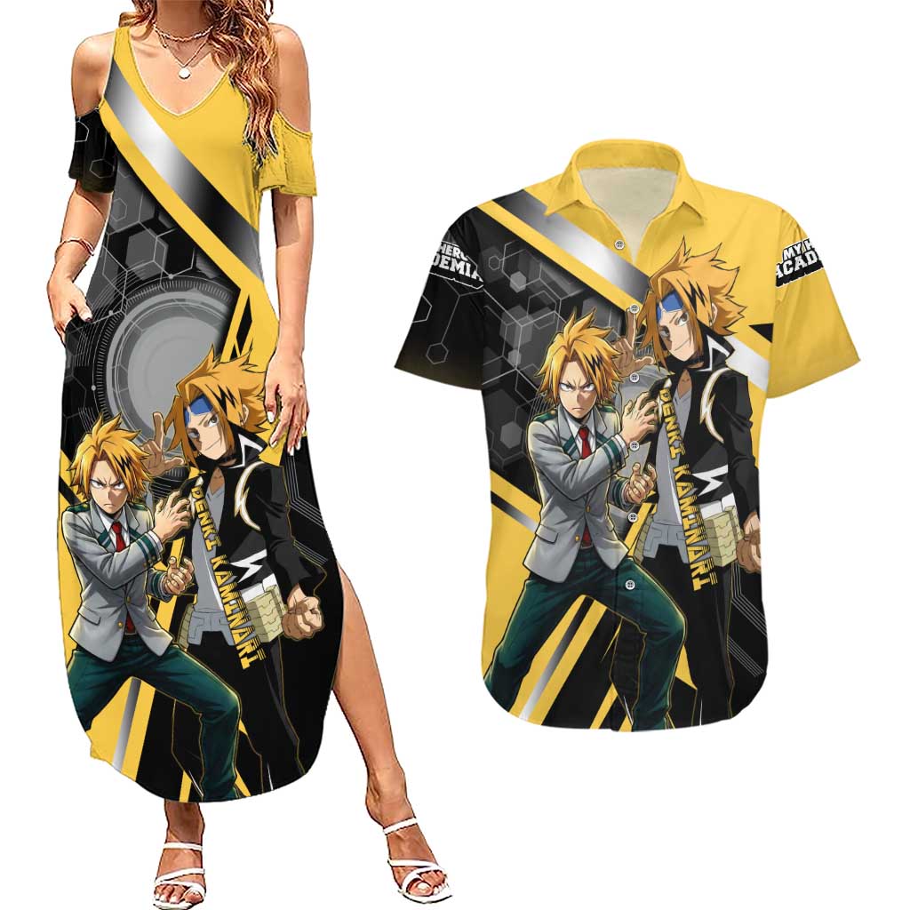Denki Kaminari Couples Matching Summer Maxi Dress and Hawaiian Shirt Bold Anime Action Illustration with Electric Lightning Effects