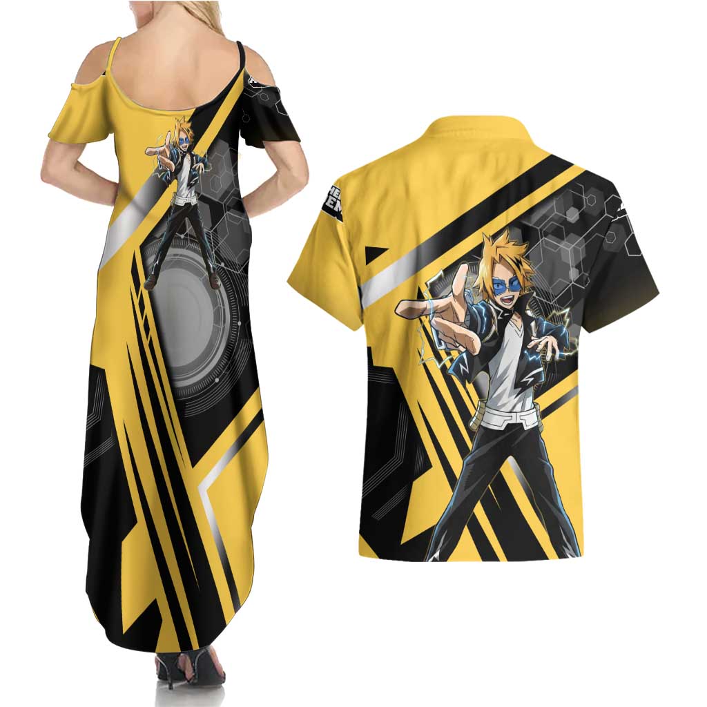 Denki Kaminari Couples Matching Summer Maxi Dress and Hawaiian Shirt Bold Anime Action Illustration with Electric Lightning Effects