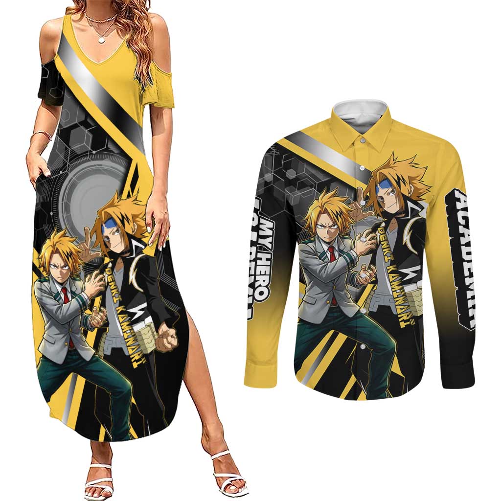Denki Kaminari Couples Matching Summer Maxi Dress and Long Sleeve Button Shirt Bold Anime Action Illustration with Electric Lightning Effects