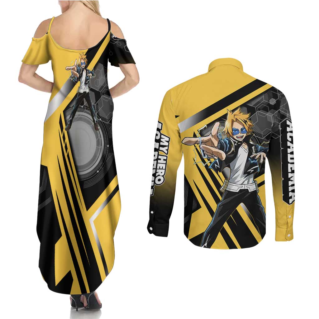 Denki Kaminari Couples Matching Summer Maxi Dress and Long Sleeve Button Shirt Bold Anime Action Illustration with Electric Lightning Effects