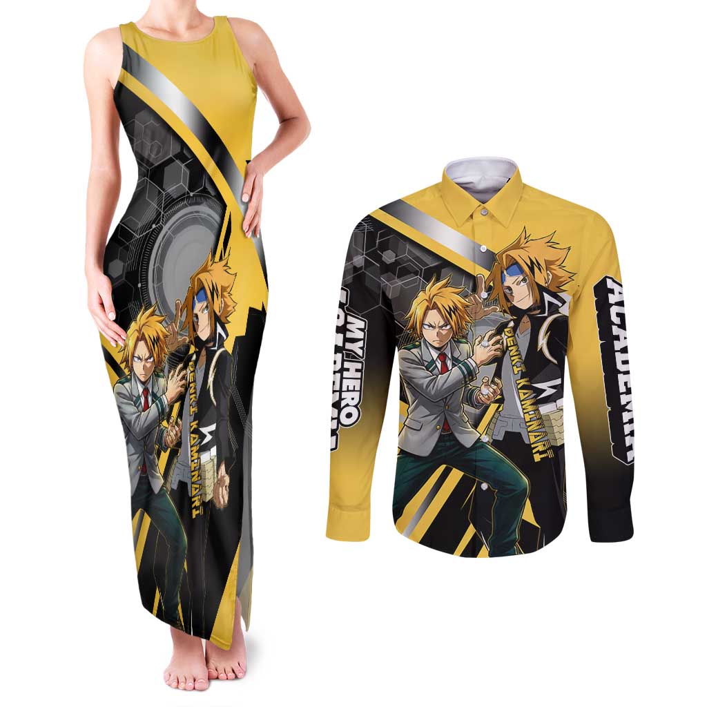 Denki Kaminari Couples Matching Tank Maxi Dress and Long Sleeve Button Shirt Bold Anime Action Illustration with Electric Lightning Effects