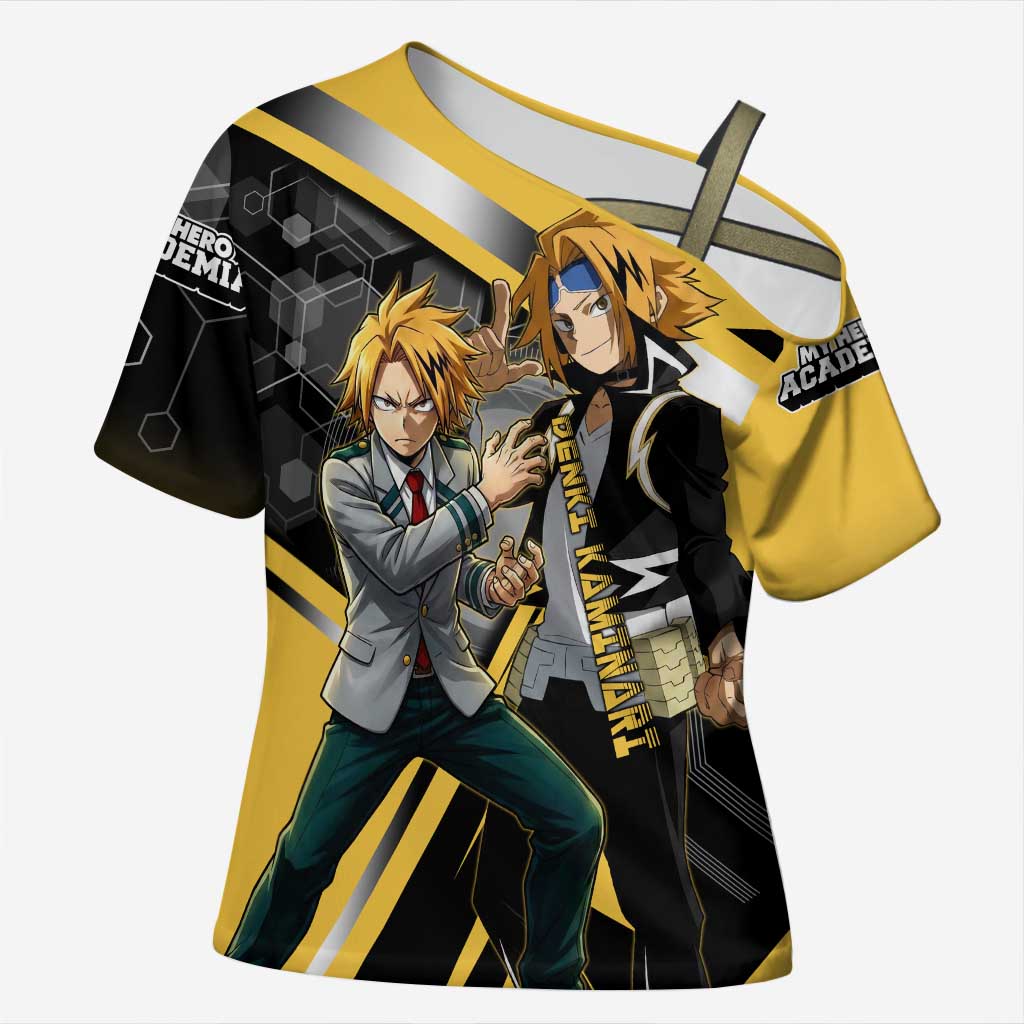Denki Kaminari Cross Shoulder Shirt Bold Anime Action Illustration with Electric Lightning Effects