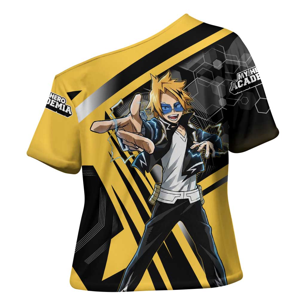 Denki Kaminari Cross Shoulder Shirt Bold Anime Action Illustration with Electric Lightning Effects
