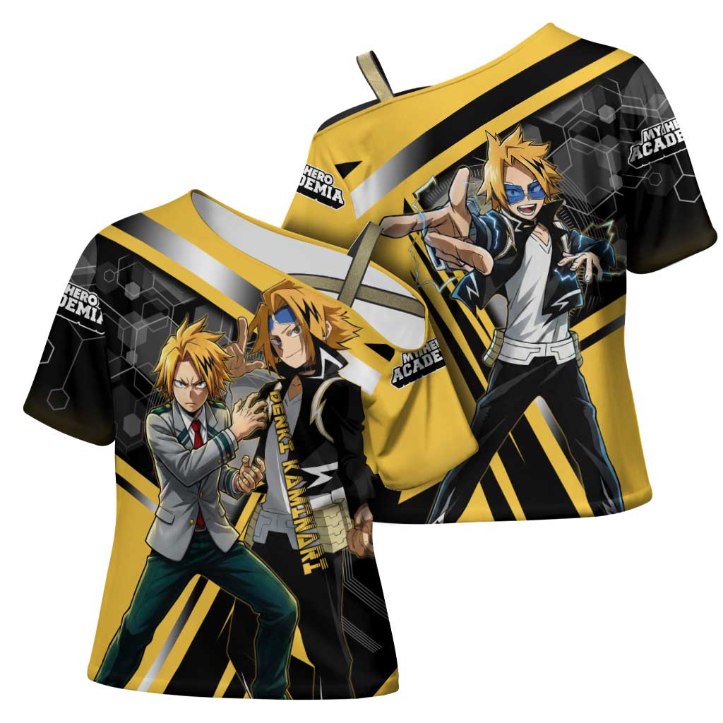 Denki Kaminari Cross Shoulder Shirt Bold Anime Action Illustration with Electric Lightning Effects