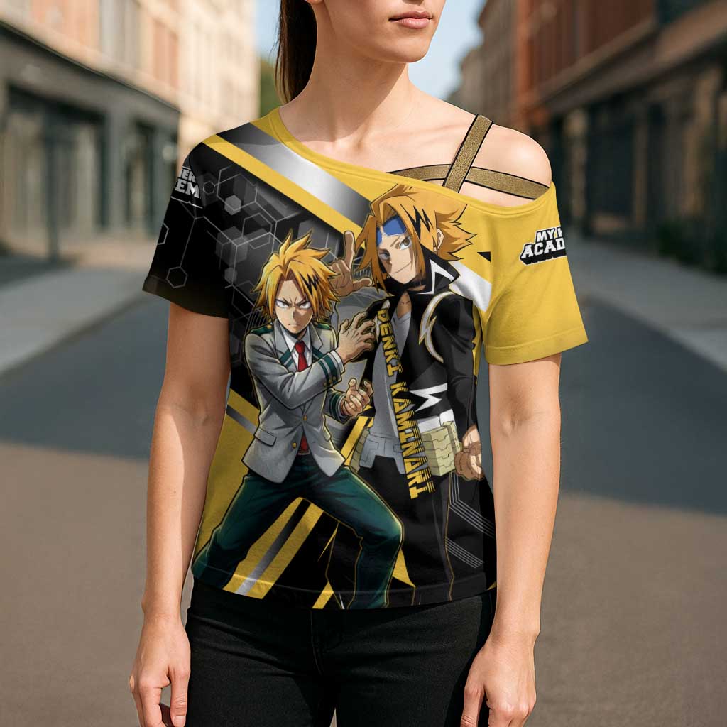 Denki Kaminari Cross Shoulder Shirt Bold Anime Action Illustration with Electric Lightning Effects