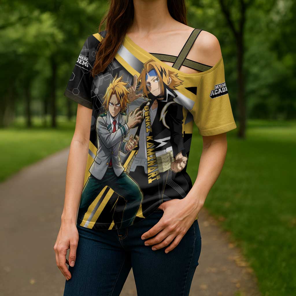 Denki Kaminari Cross Shoulder Shirt Bold Anime Action Illustration with Electric Lightning Effects