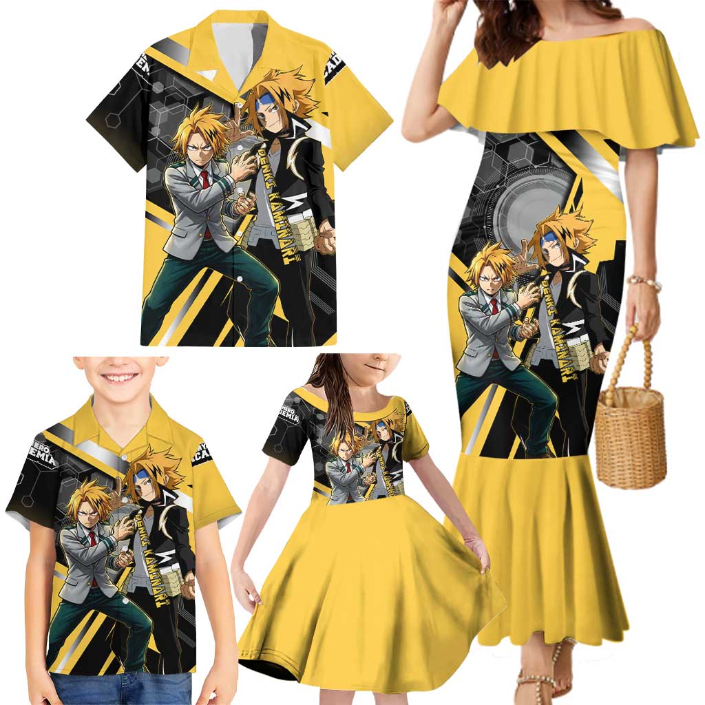 Denki Kaminari Family Matching Mermaid Dress and Hawaiian Shirt Bold Anime Action Illustration with Electric Lightning Effects