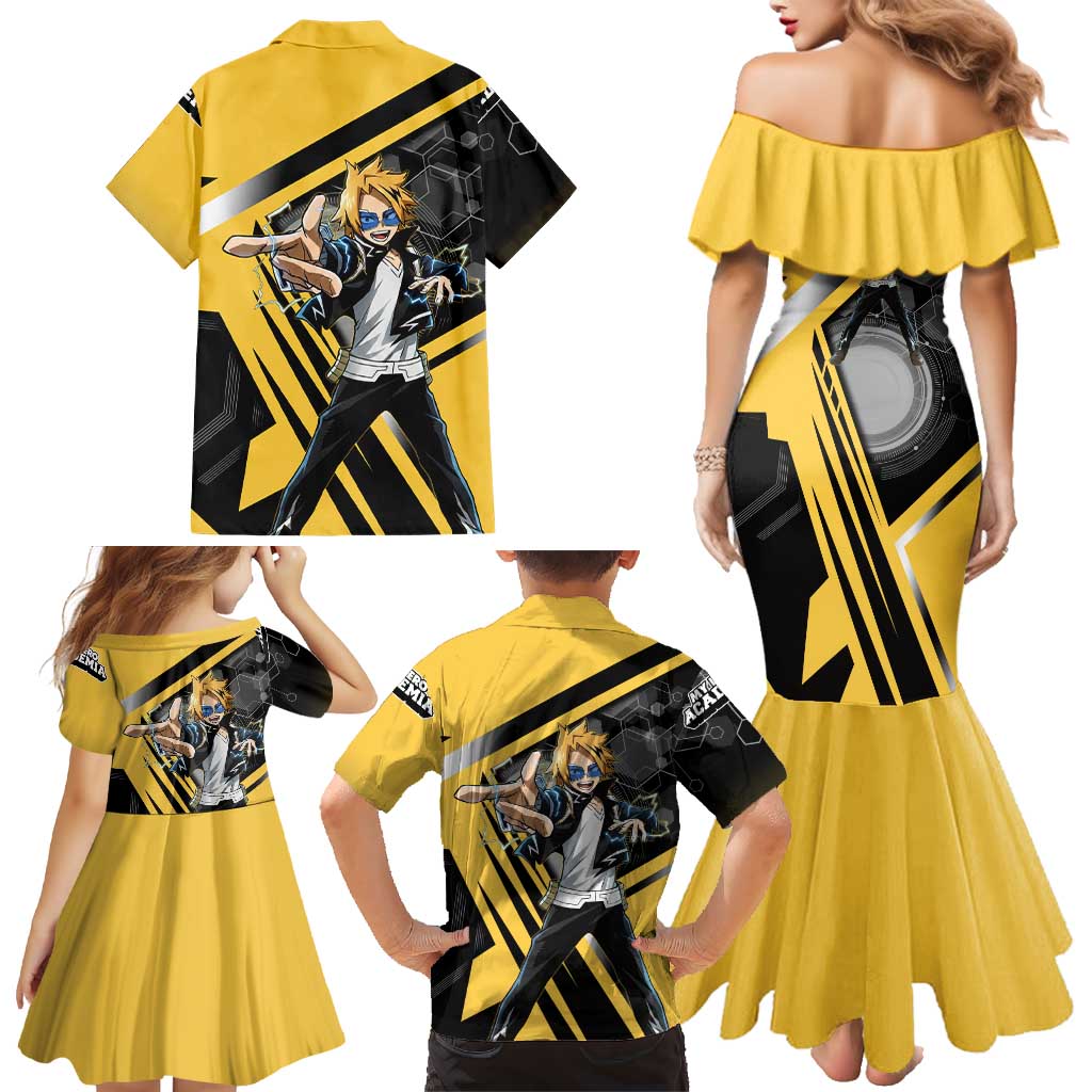 Denki Kaminari Family Matching Mermaid Dress and Hawaiian Shirt Bold Anime Action Illustration with Electric Lightning Effects