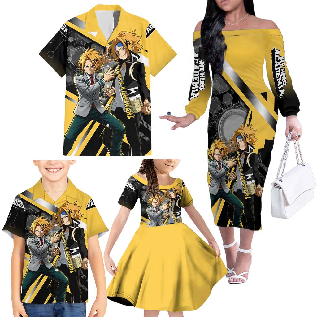 Denki Kaminari Family Matching Off The Shoulder Long Sleeve Dress and Hawaiian Shirt Bold Anime Action Illustration with Electric Lightning Effects