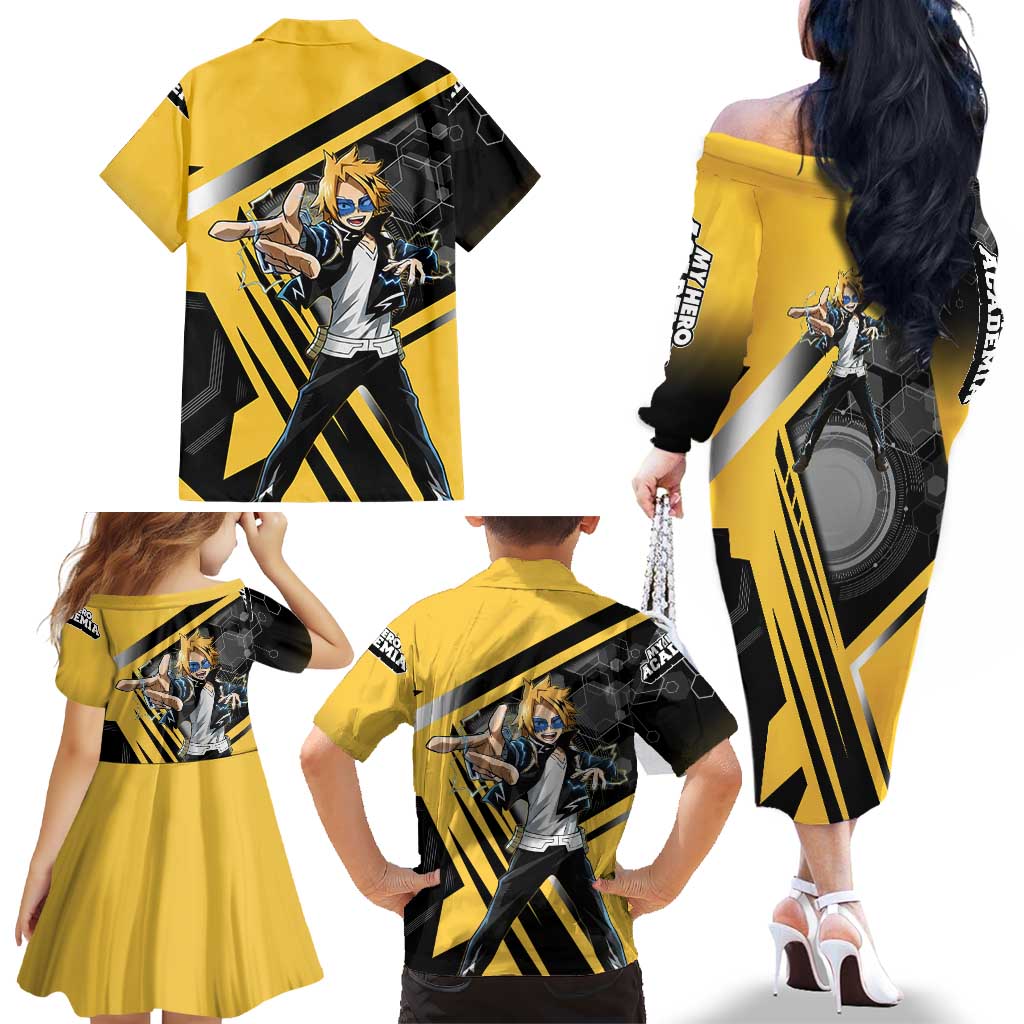 Denki Kaminari Family Matching Off The Shoulder Long Sleeve Dress and Hawaiian Shirt Bold Anime Action Illustration with Electric Lightning Effects