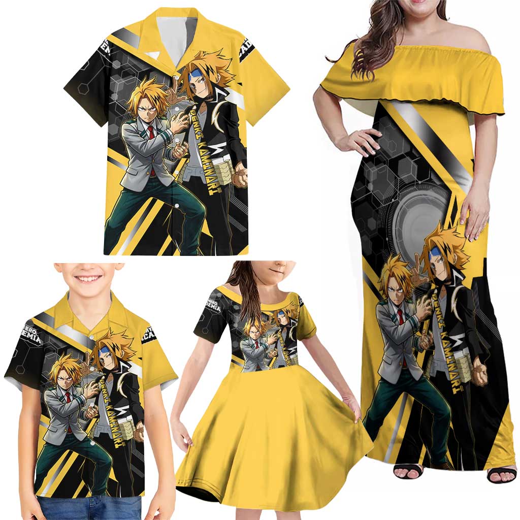 Denki Kaminari Family Matching Off Shoulder Maxi Dress and Hawaiian Shirt Bold Anime Action Illustration with Electric Lightning Effects