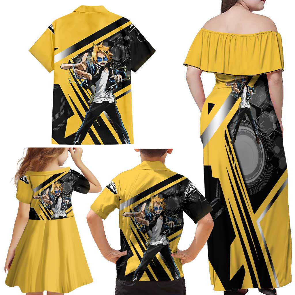 Denki Kaminari Family Matching Off Shoulder Maxi Dress and Hawaiian Shirt Bold Anime Action Illustration with Electric Lightning Effects