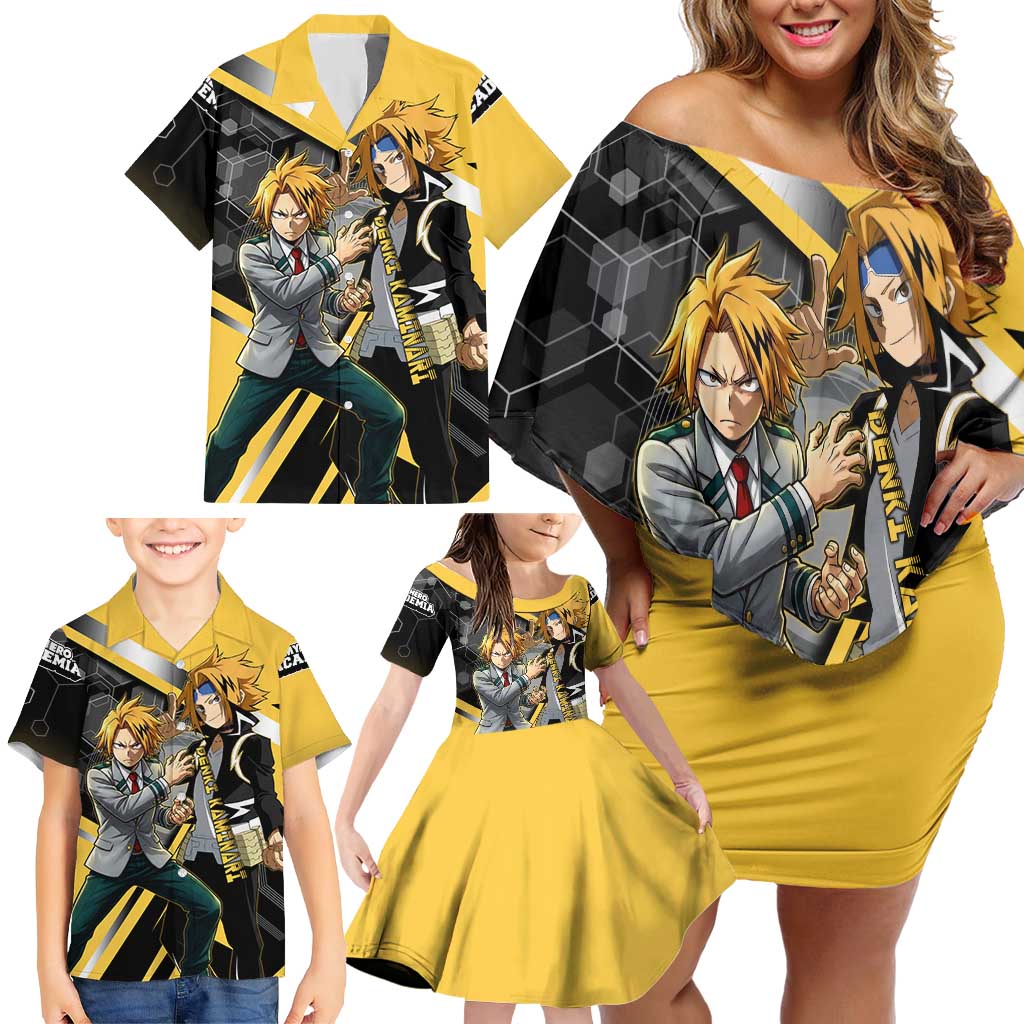 Denki Kaminari Family Matching Off Shoulder Short Dress and Hawaiian Shirt Bold Anime Action Illustration with Electric Lightning Effects