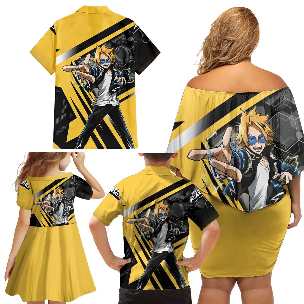 Denki Kaminari Family Matching Off Shoulder Short Dress and Hawaiian Shirt Bold Anime Action Illustration with Electric Lightning Effects