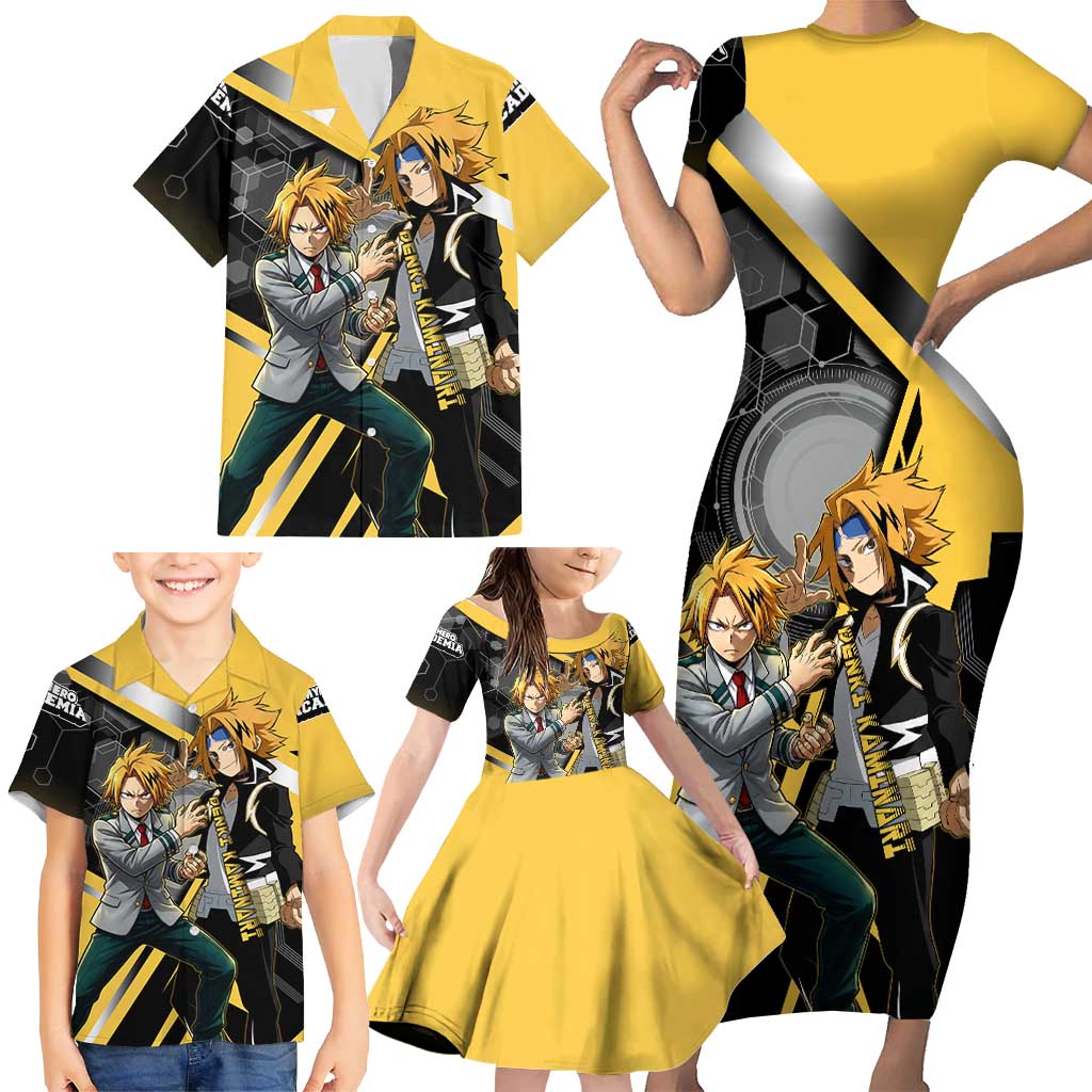 Denki Kaminari Family Matching Short Sleeve Bodycon Dress and Hawaiian Shirt Bold Anime Action Illustration with Electric Lightning Effects