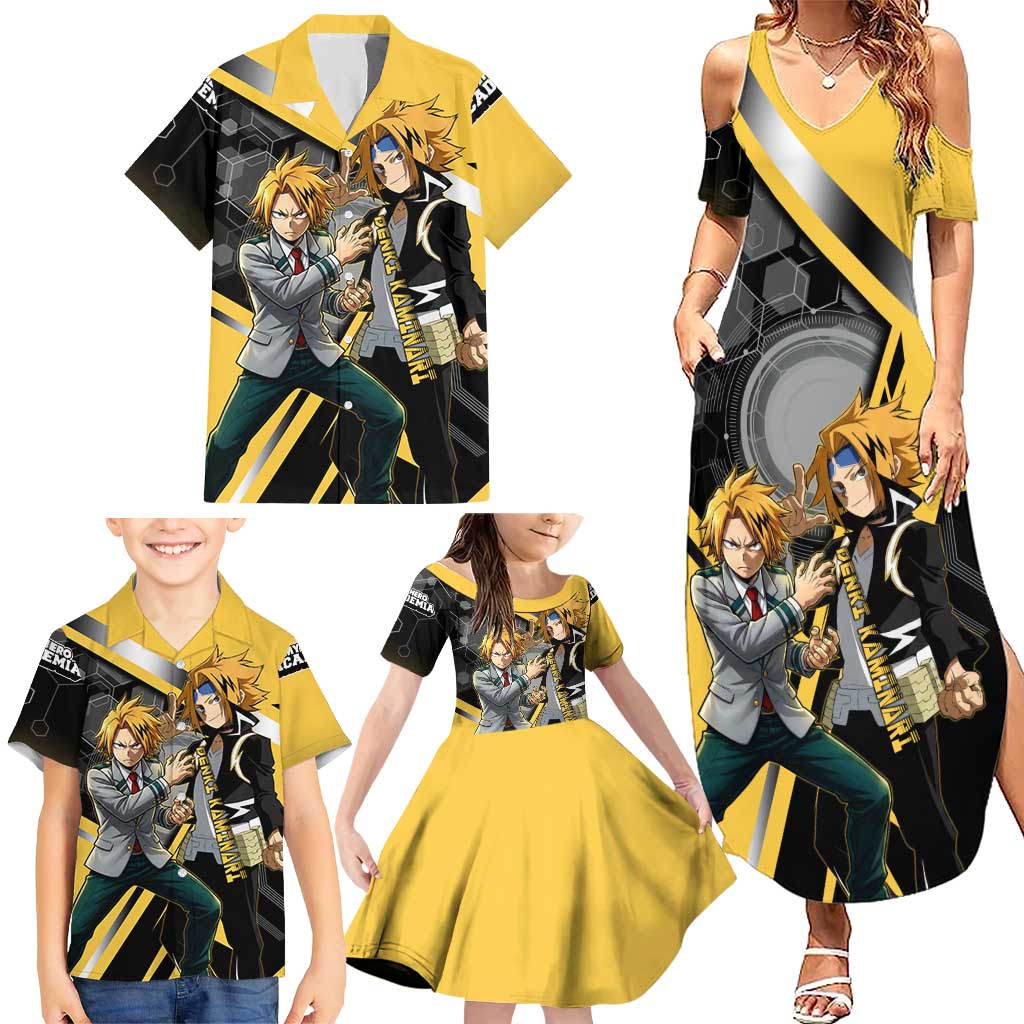 Denki Kaminari Family Matching Summer Maxi Dress and Hawaiian Shirt Bold Anime Action Illustration with Electric Lightning Effects