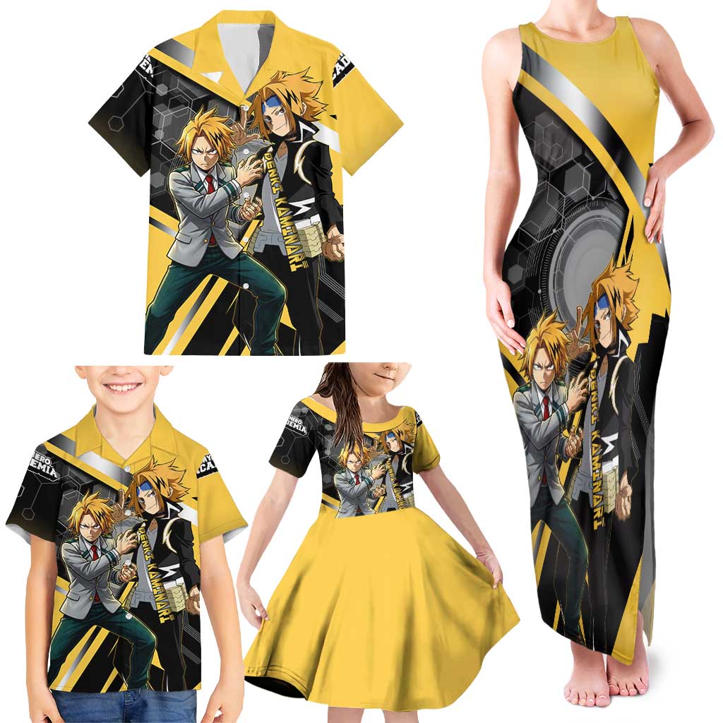 Denki Kaminari Family Matching Tank Maxi Dress and Hawaiian Shirt Bold Anime Action Illustration with Electric Lightning Effects