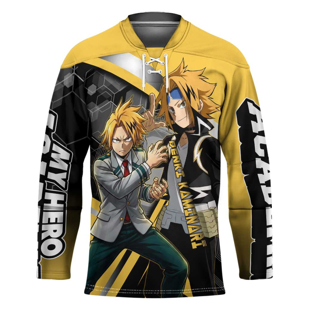 Denki Kaminari Hockey Jersey Bold Anime Action Illustration with Electric Lightning Effects